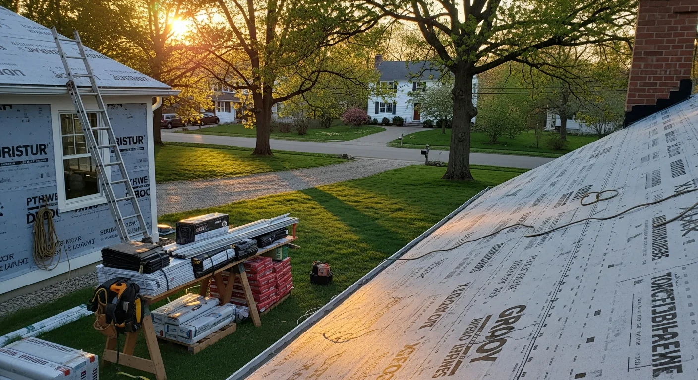 Roofing contractor installing new roof on residential home