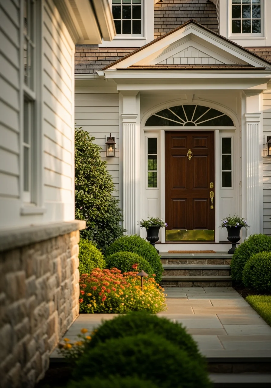 Close-up of an Avon home's exterior with landscaping and entry.