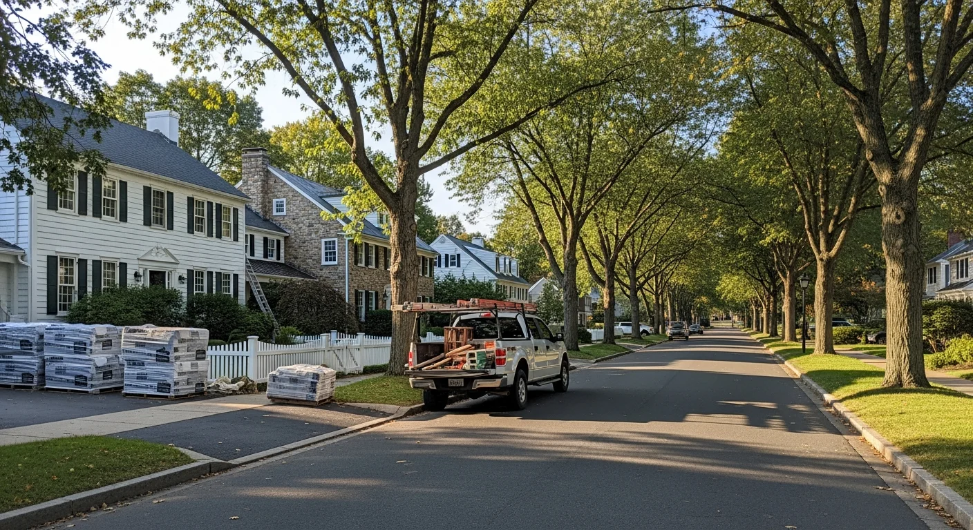 Residential street in Avon, CT with mature trees and well-maintained homes.