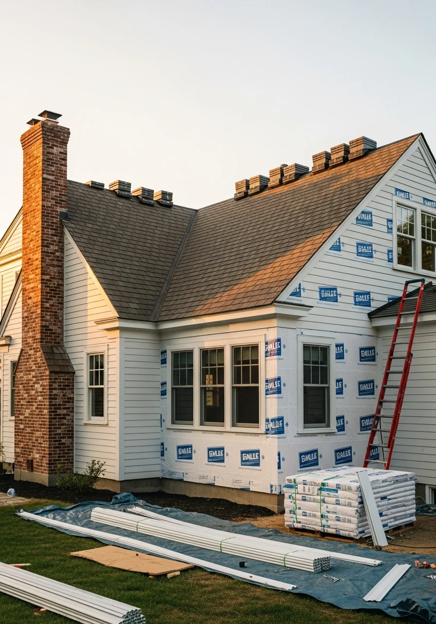 Modern home renovation in progress in Fairfield County with roofing and siding work