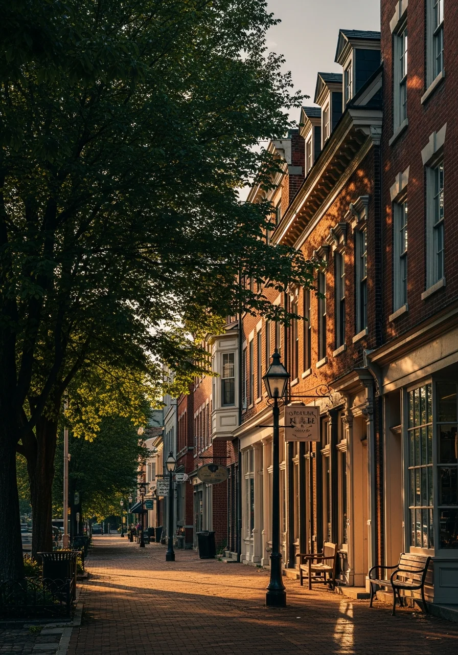 Historic town center of Litchfield, Connecticut with colonial architecture and tree-lined streets