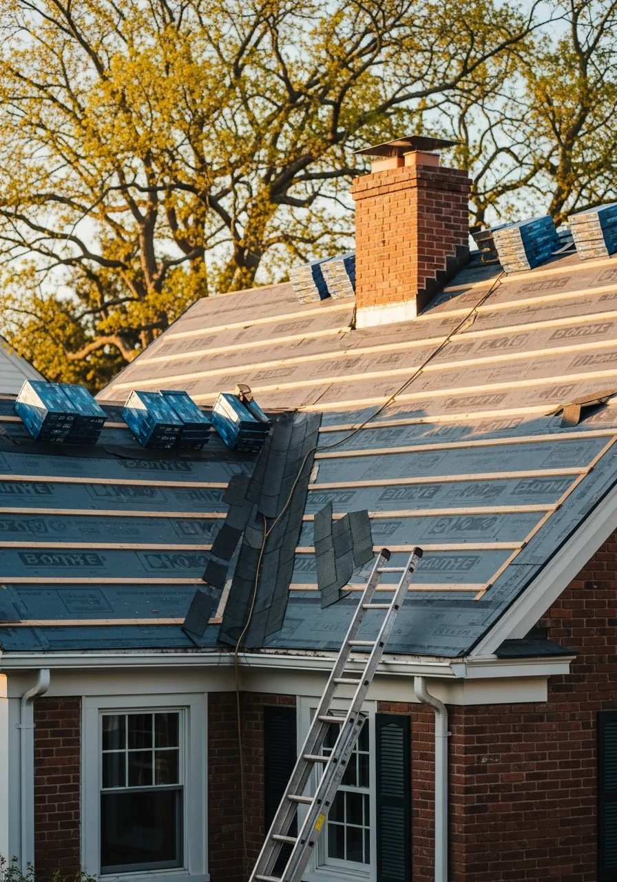 Professional roofing contractor installing shingles on residential home in New Haven County