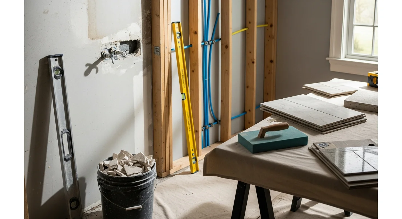 A finished bathroom remodel in an Avon, CT home showing a tiled walk-in shower, new vanity with undermount sink, and updated flooring. The space reflects a clean, functional layout typical of a renovated New England Colonial bathroom.