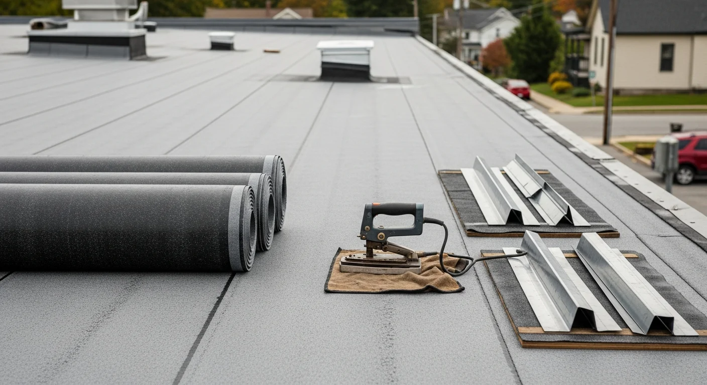 A commercial flat roof on a retail building along Route 44 in Avon, CT, showing a fully sealed membrane surface with clean drainage points and new flashing along the parapet edge. Better Home Solutions roofing crew completing a commercial roof repair in Avon, Connecticut.