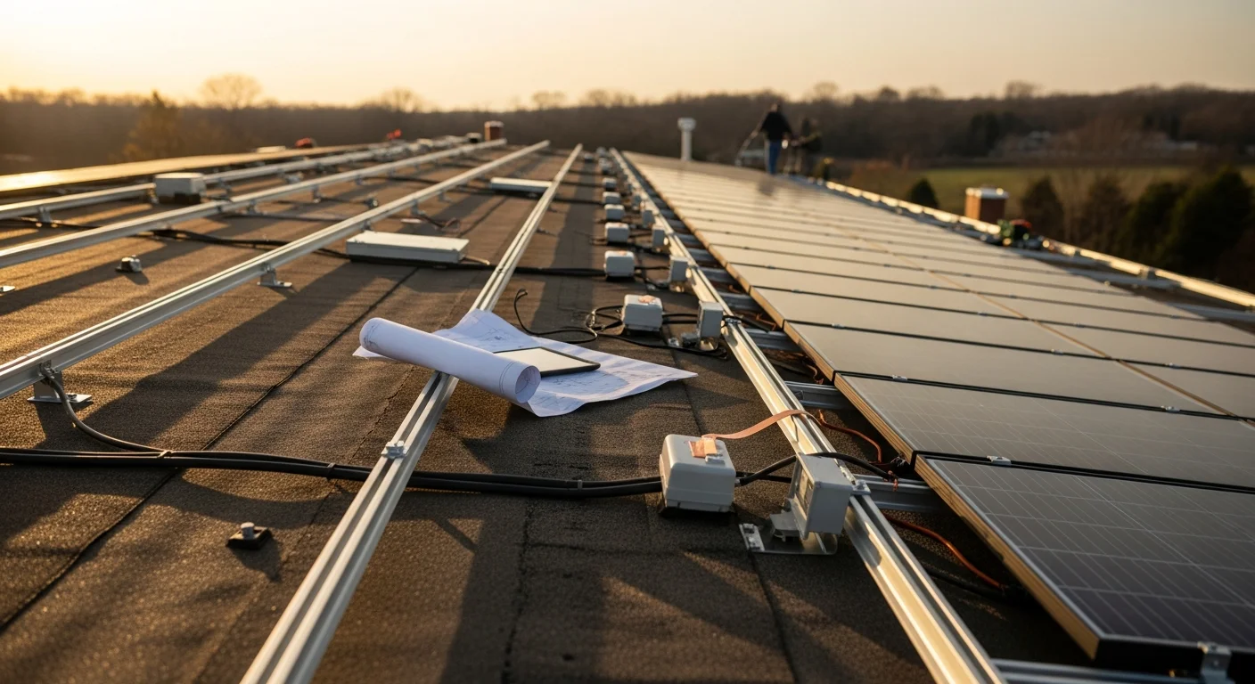 Commercial solar panels installed on a flat rooftop of an office building in Avon, CT, with rows of photovoltaic panels angled toward the south under a clear Connecticut sky. Ground-level view shows the Farmington Valley landscape in the background.