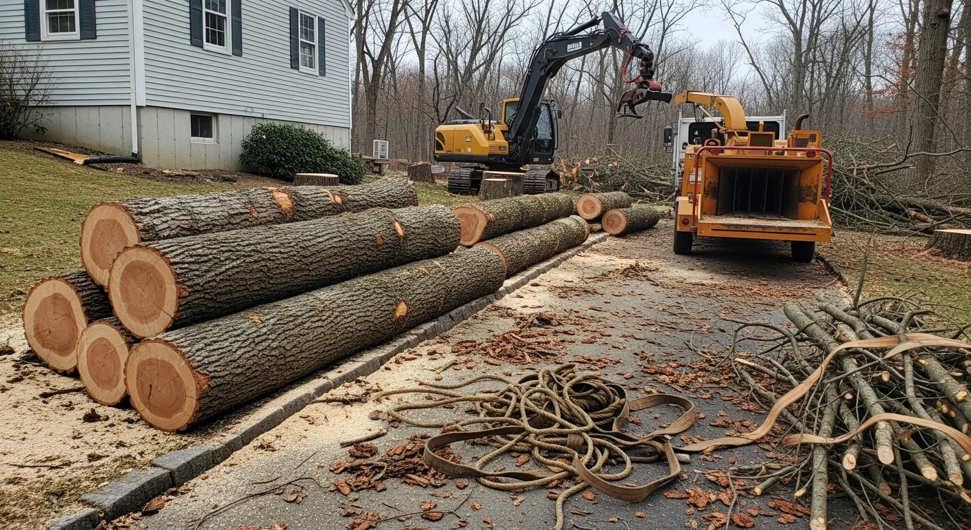 A large storm-damaged oak tree removed from a residential property in Avon, CT, with the cleared yard and intact home structure visible in the background. A tree service crew and equipment are staged near the debris pile on the driveway.