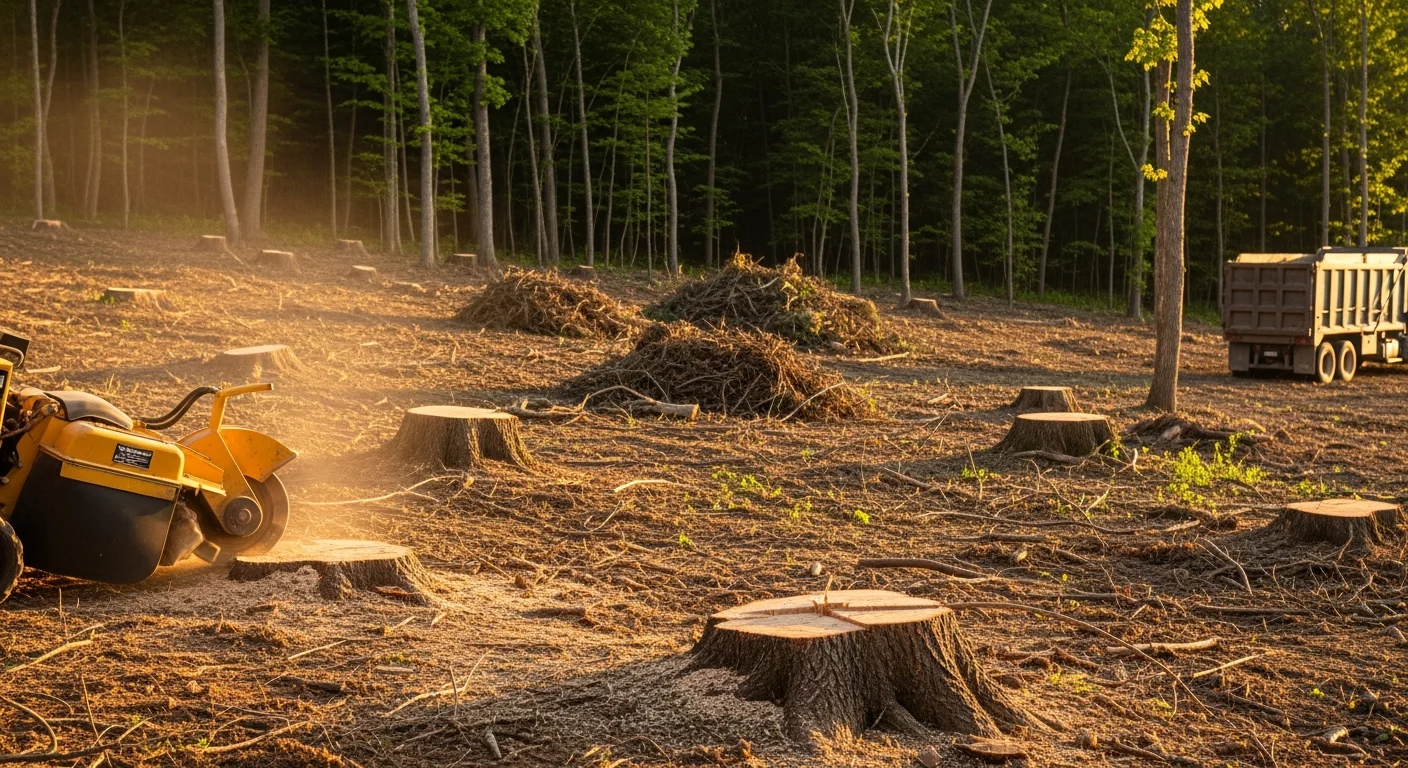 A cleared residential lot in Avon, CT with stumps ground down and brush removed, showing open ground ready for landscaping. Dense Connecticut woodland borders the property edge in the background.