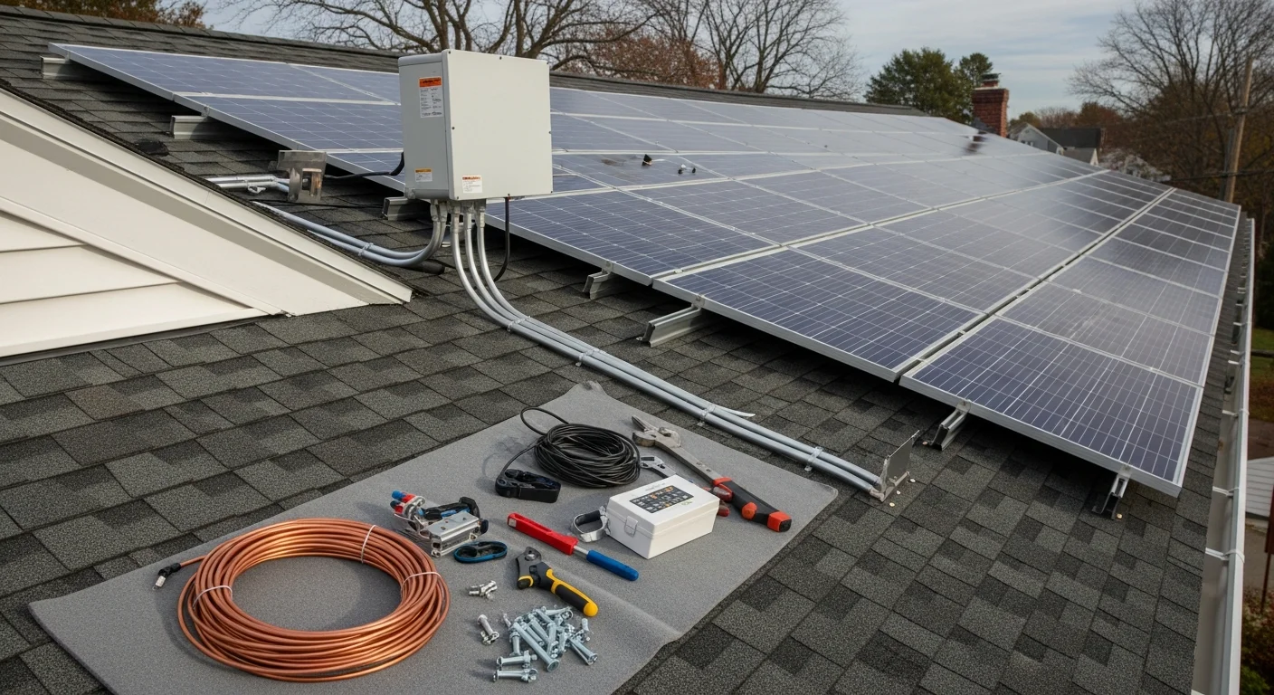 Roof-mounted solar panels installed on a single-family home in Avon, CT, with panels aligned across a south-facing asphalt shingle roof. The system is fully mounted and wired, set against a clear Connecticut sky.