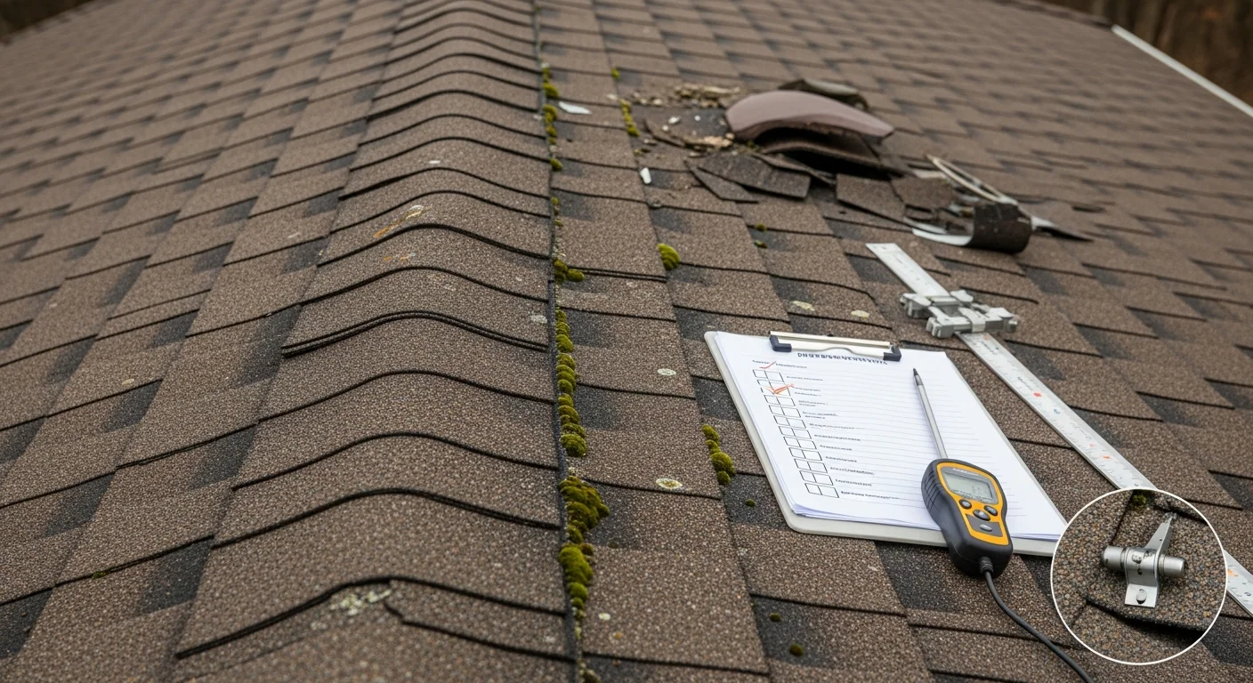 A roofing contractor from Better Home Solutions inspecting the shingles and flashing on a residential roof in Avon, CT. The inspector examines the area around a chimney on a pitched roof with tree-lined surroundings visible in the background.