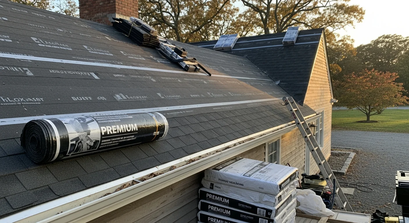 A newly installed roof on a Colonial-style single-family home in Avon, CT, with clean ridge lines and uniform shingles visible against a wooded lot backdrop. The steep-pitch roofline reflects the residential architecture common throughout the Farmington Valley area.