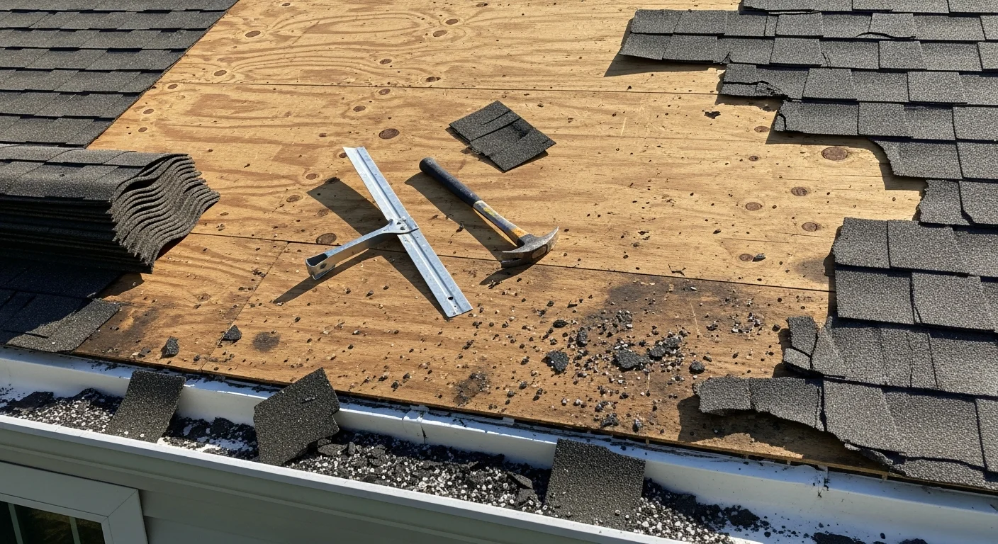 A roofing contractor repairing damaged shingles on a Colonial-style home in Avon, CT. Close-up view shows replaced shingles and sealed flashing along the roofline against a clear sky.