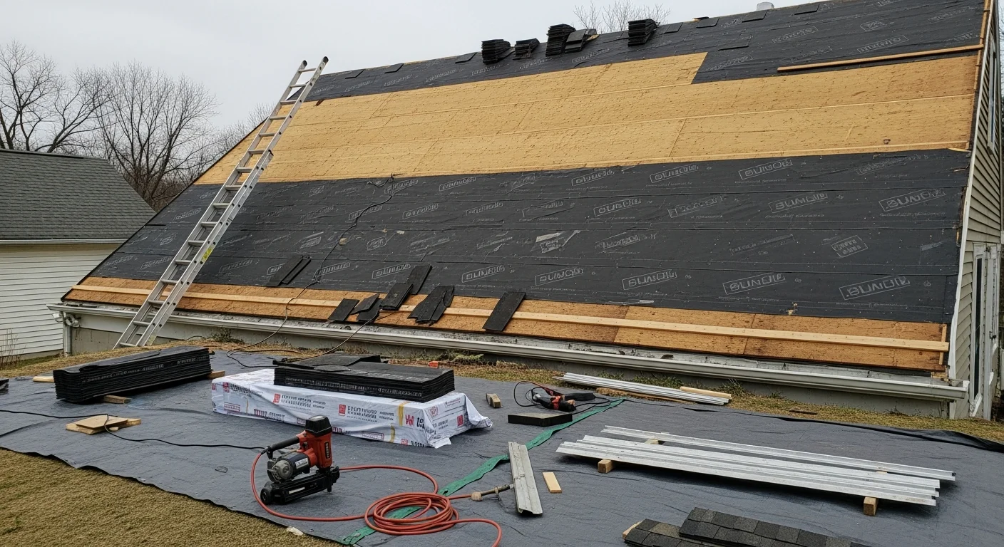 A completed roof replacement on a Colonial-style single-family home in Avon, CT, showing new shingles, clean ridge line, and replaced flashing around the chimney. The home sits on a wooded residential lot typical of Avon neighborhoods.