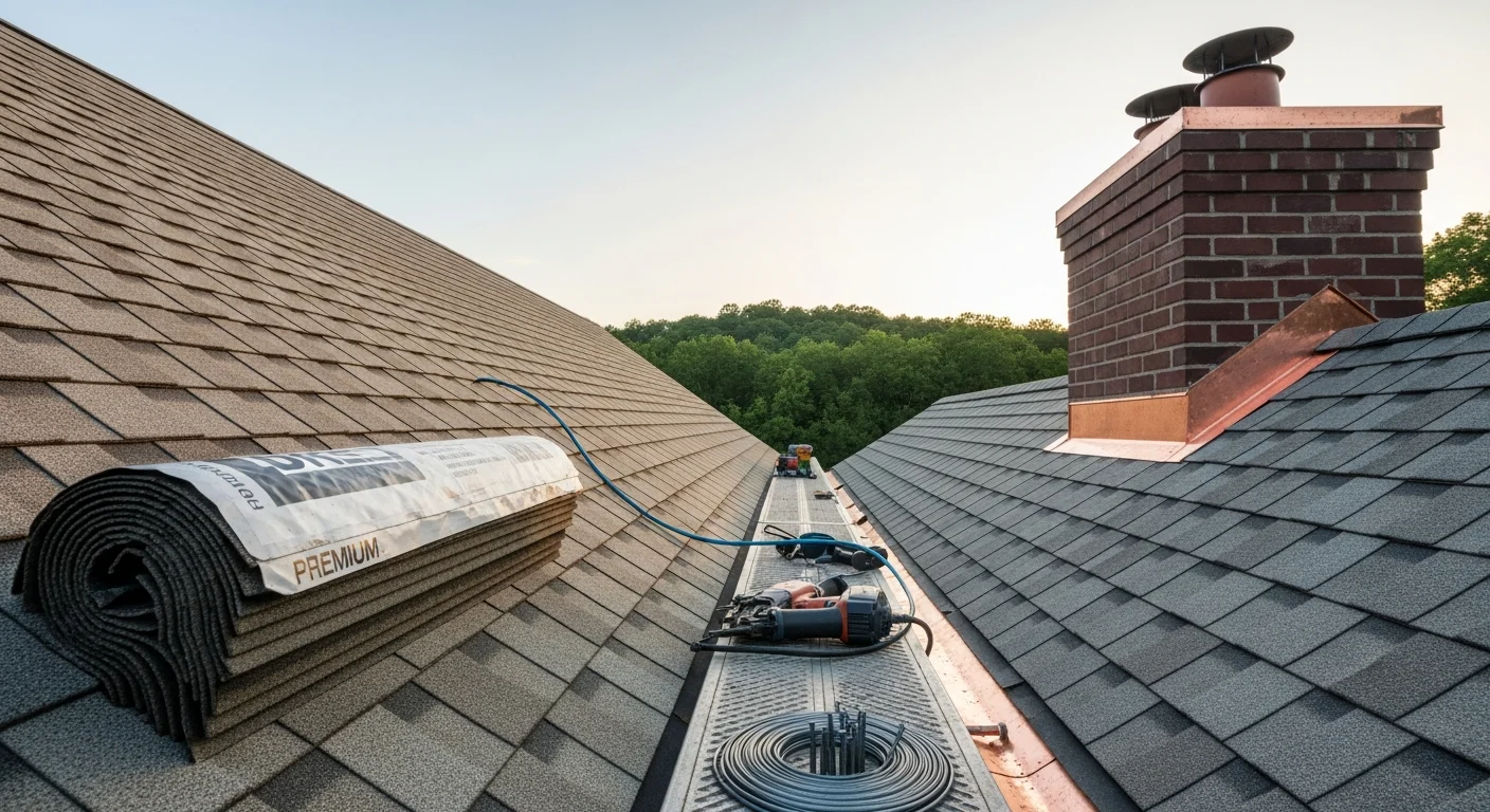A residential colonial-style home in Avon, CT with a newly completed roof showing clean ridge lines and intact shingles. A Better Home Solutions crew works on the sloped roof surface against a backdrop of mature trees typical of the Farmington Valley area.
