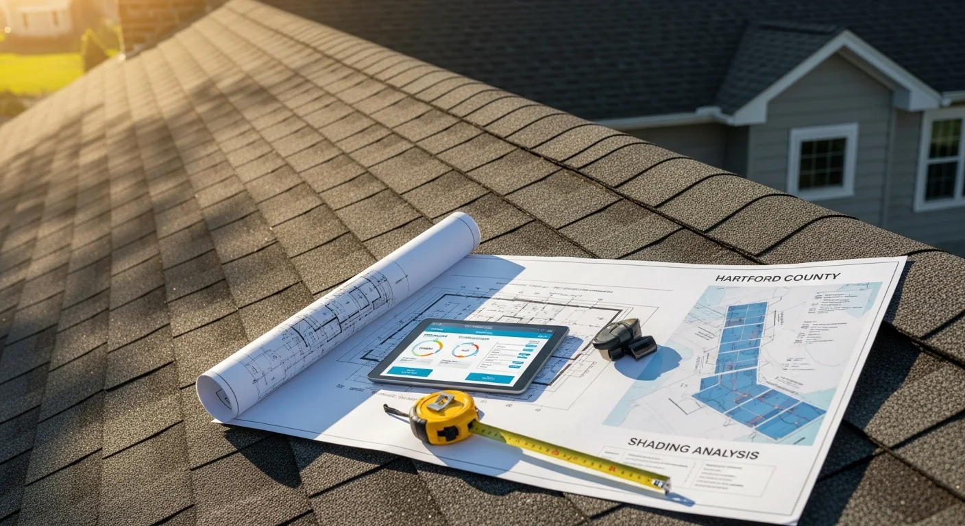 A solar energy consultant reviewing roof orientation and shading data with an Avon, CT homeowner outside a colonial-style single-family home. A tablet displays a proposed solar system layout mapped to the home's south-facing roof sections.