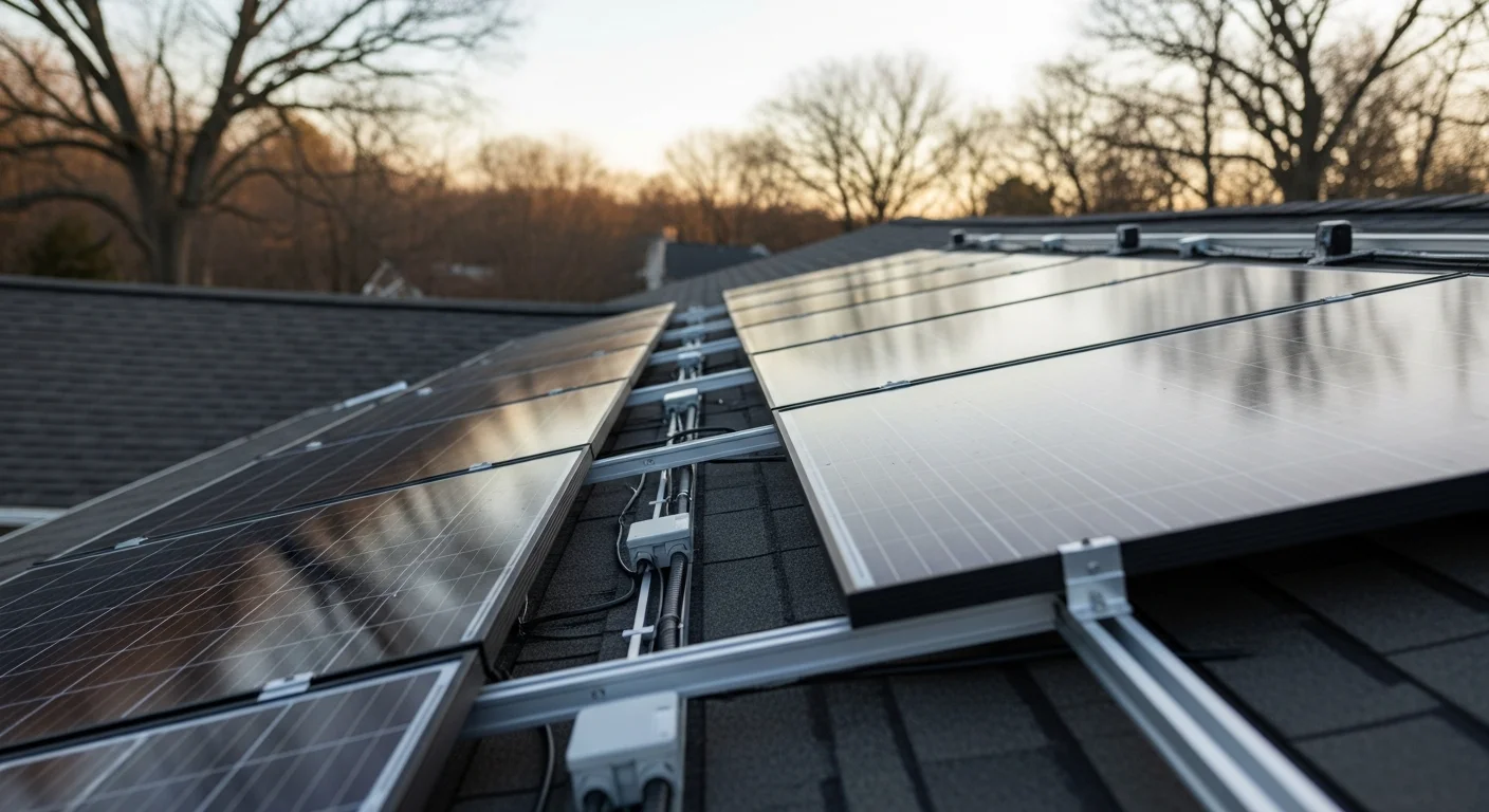 Roof-mounted solar panels installed on a large colonial-style home in Avon, CT, with south-facing panel rows set against a clear sky. The installation shows clean panel alignment across a pitched asphalt shingle roof typical of Avon residential properties.