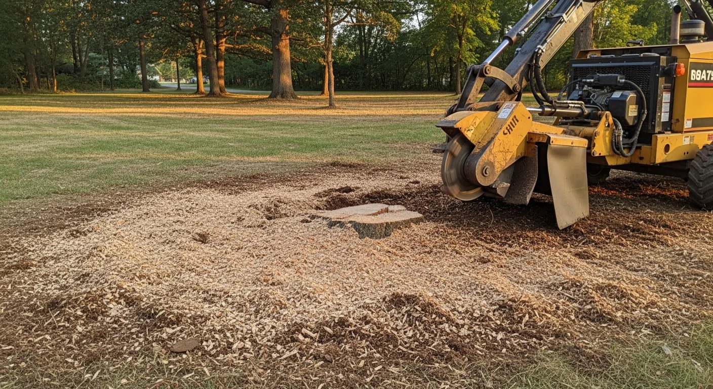 A freshly ground tree stump in an Avon, CT residential backyard, with wood chip debris spread across the cleared area and surrounding lawn visible. The ground is level where a large hardwood stump previously stood, showing the result of professional stump grinding service.