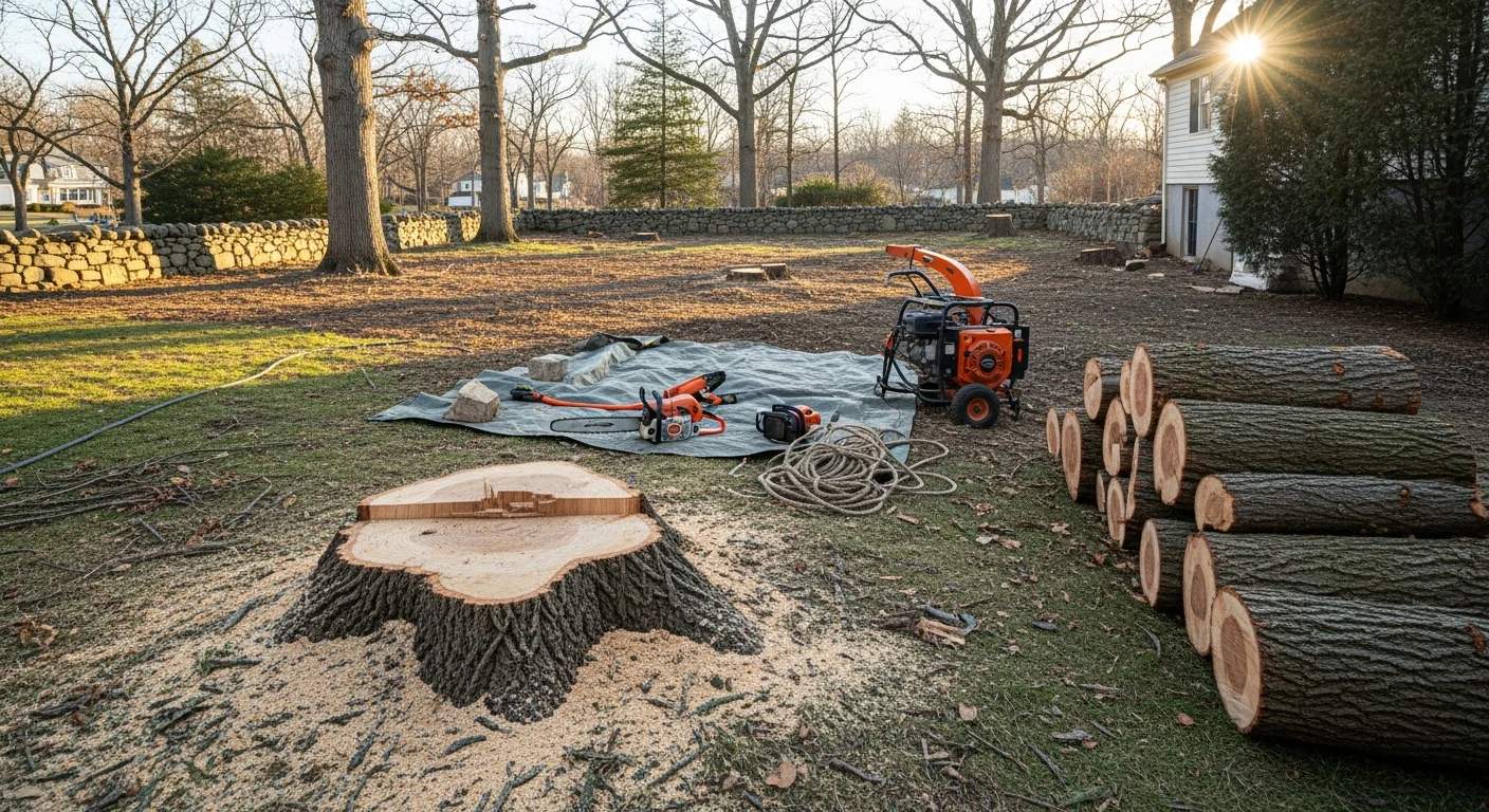 A large dead oak tree being removed from a residential property in Avon, CT, with cut sections on the ground and a cleared yard visible behind the home. A tree crew works near a Colonial-style house on a wooded lot typical of the Farmington Valley area.